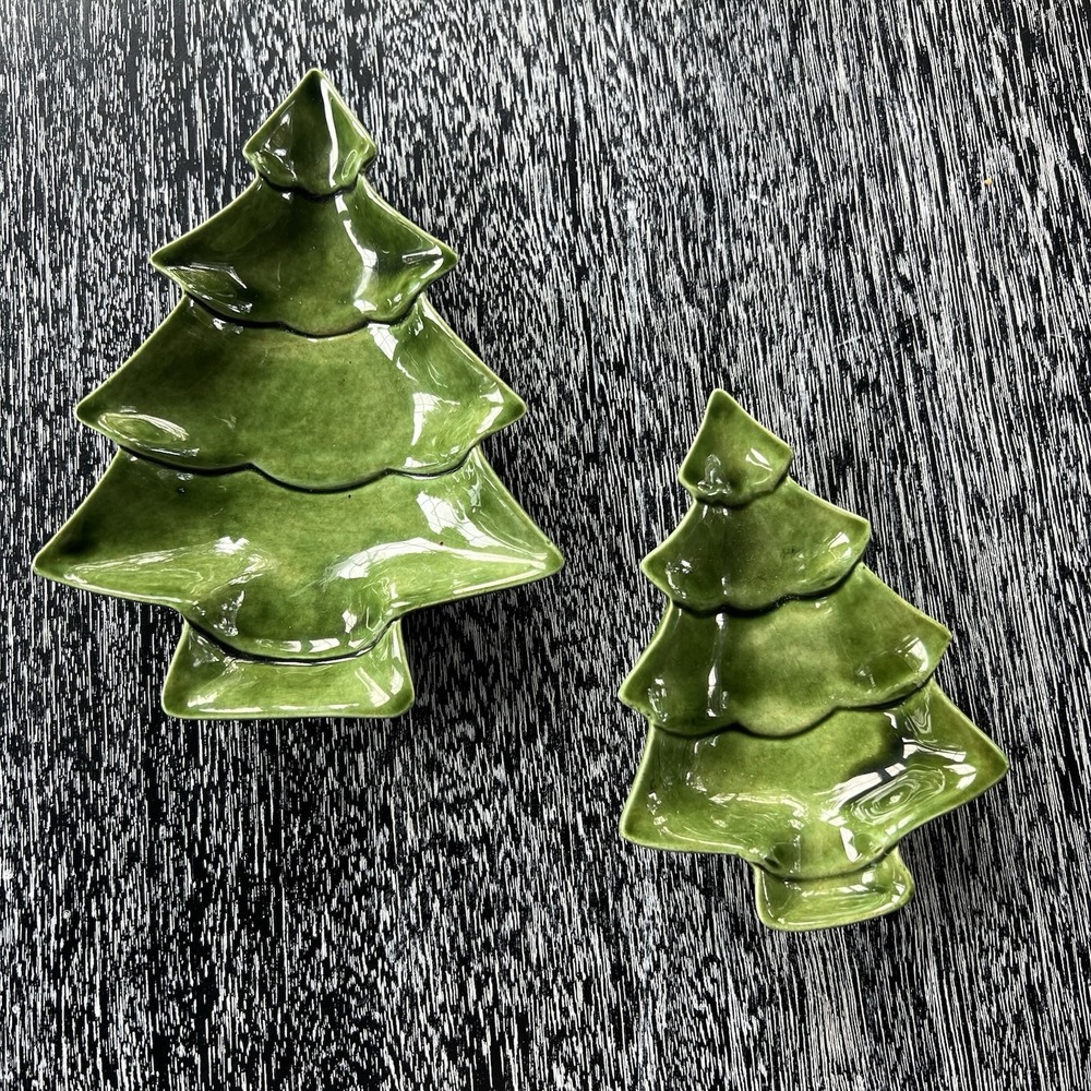 Vintage Stacking‎ Ceramic Green Christmas Tree Dishes Candy Set of 2 Signed